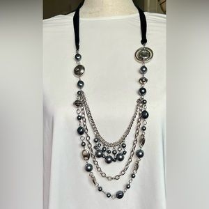 Necklace silver/gray beads black ribbon asymmetrical  jewelry